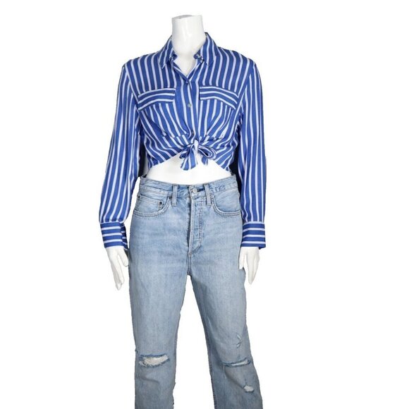 Zara Women's Size Medium Blue Striped Button-Up Blouse Cropped Shirt Collar Top - Picture 3 of 7
